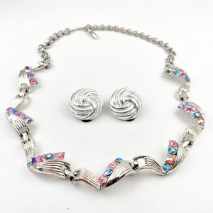 Vintage Aurora Borealis Rhinestone Necklace & German Eloxal Earrings Set, Coro